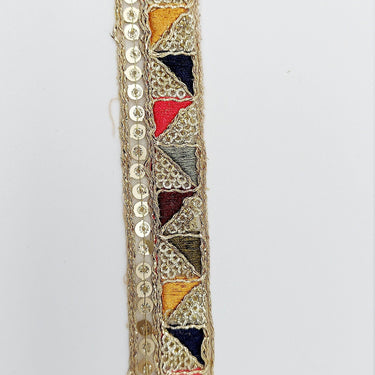 Gold Sequin Border With Multicoloured Triangle Embroidery, Beige Shimmer Lace Trim, Decorative Trim